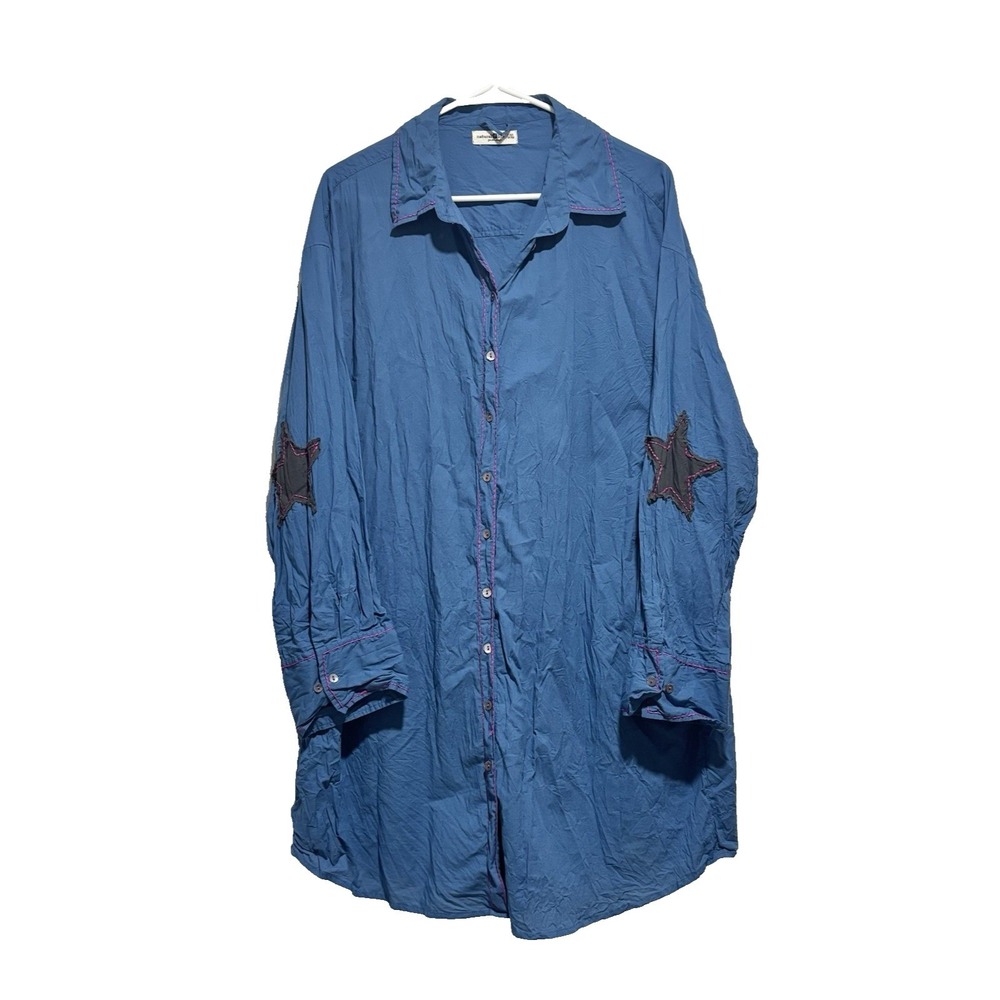 Natural Life‎ Womens Blue Cotton Star Patch Button Down Shirt Dress L/XL Boho